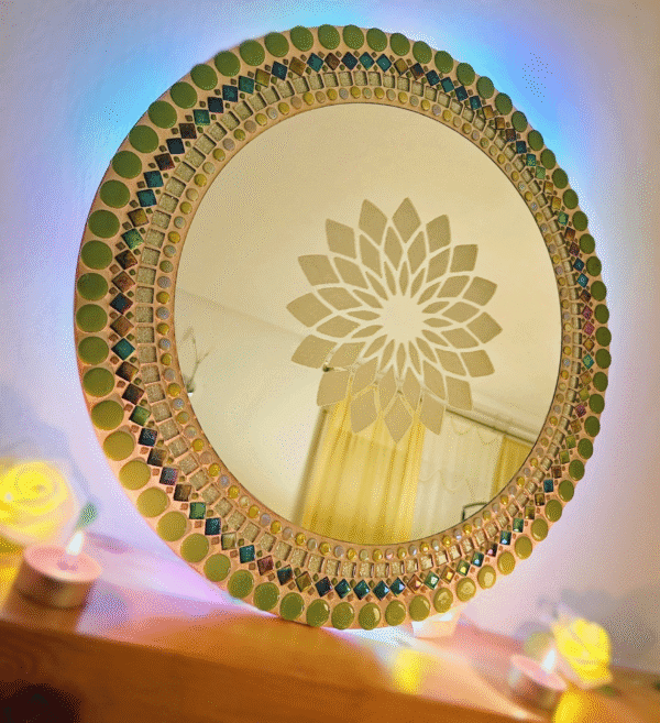 Mosaic etched mirror with LED lights.