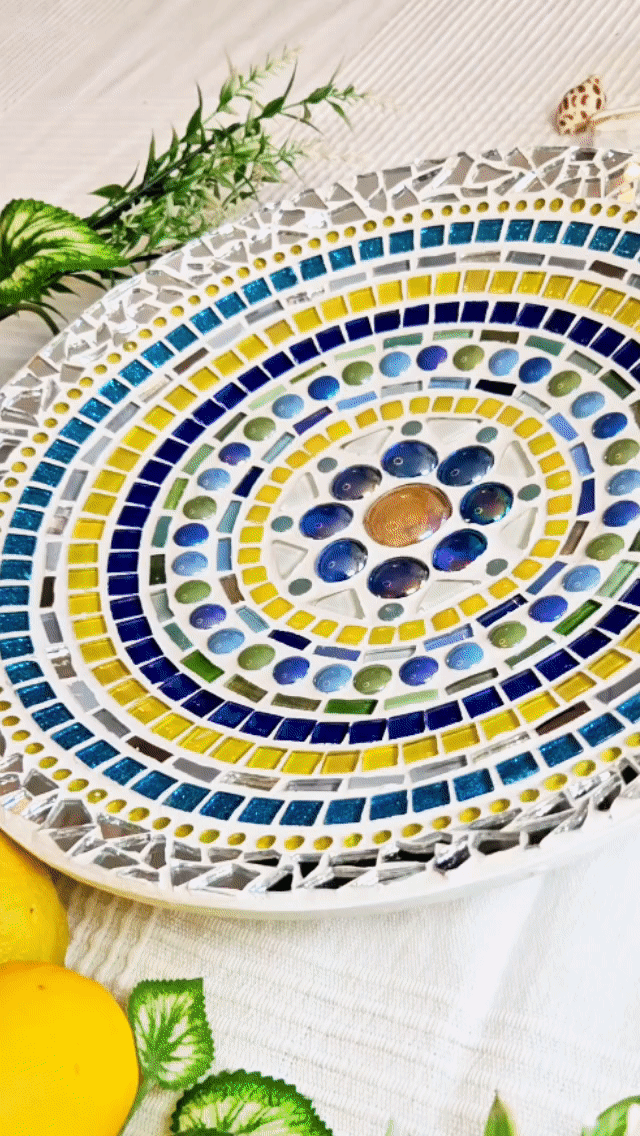 Colourful mosaic dish.