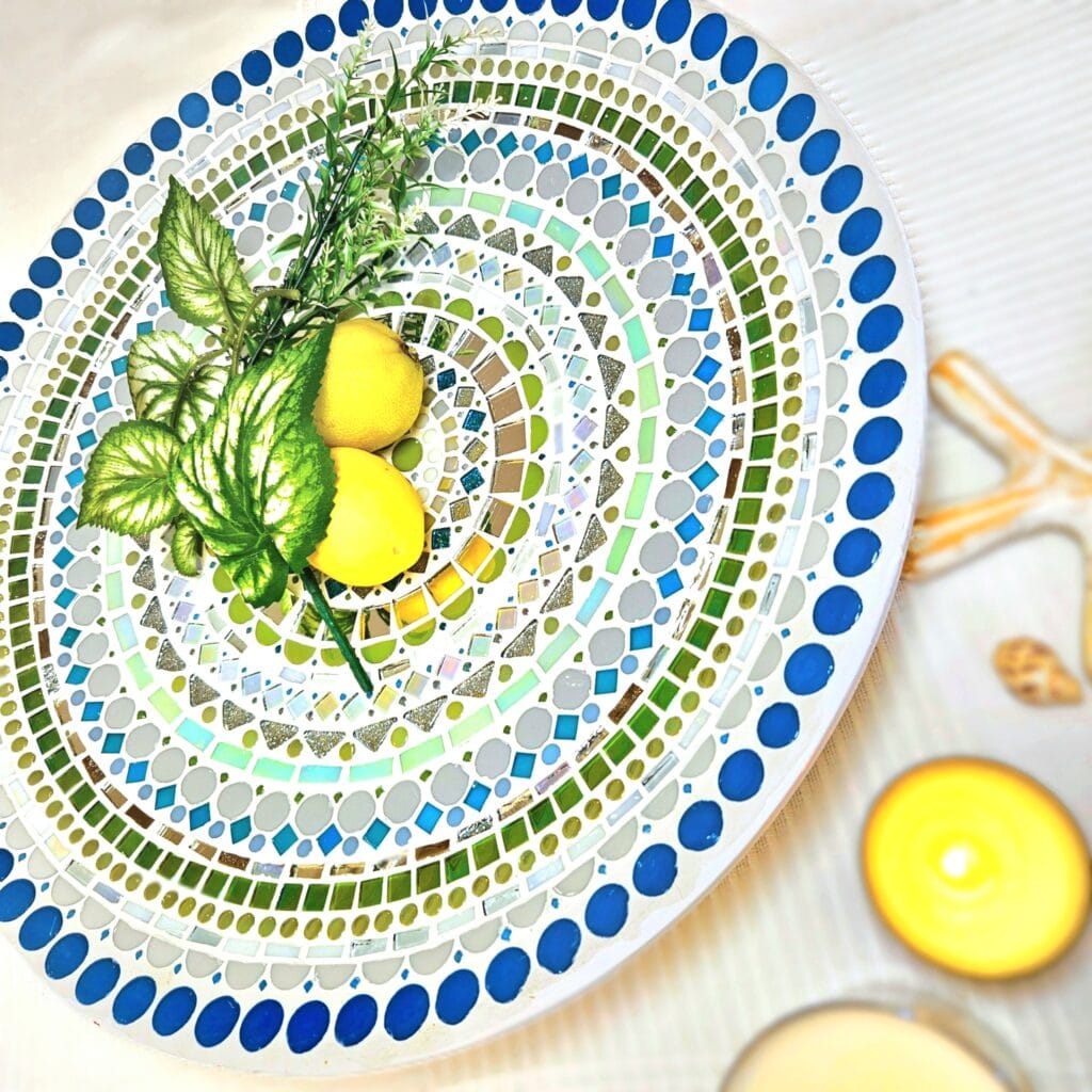Large colourful mosaic dish.