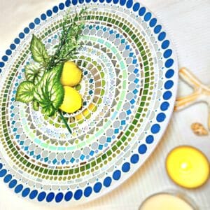 Colourful mosaic dish.