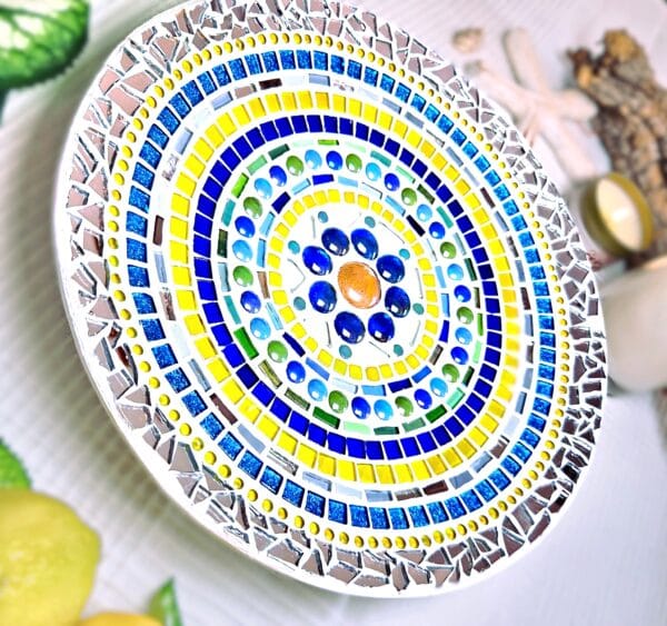 Colourful mosaic dish.