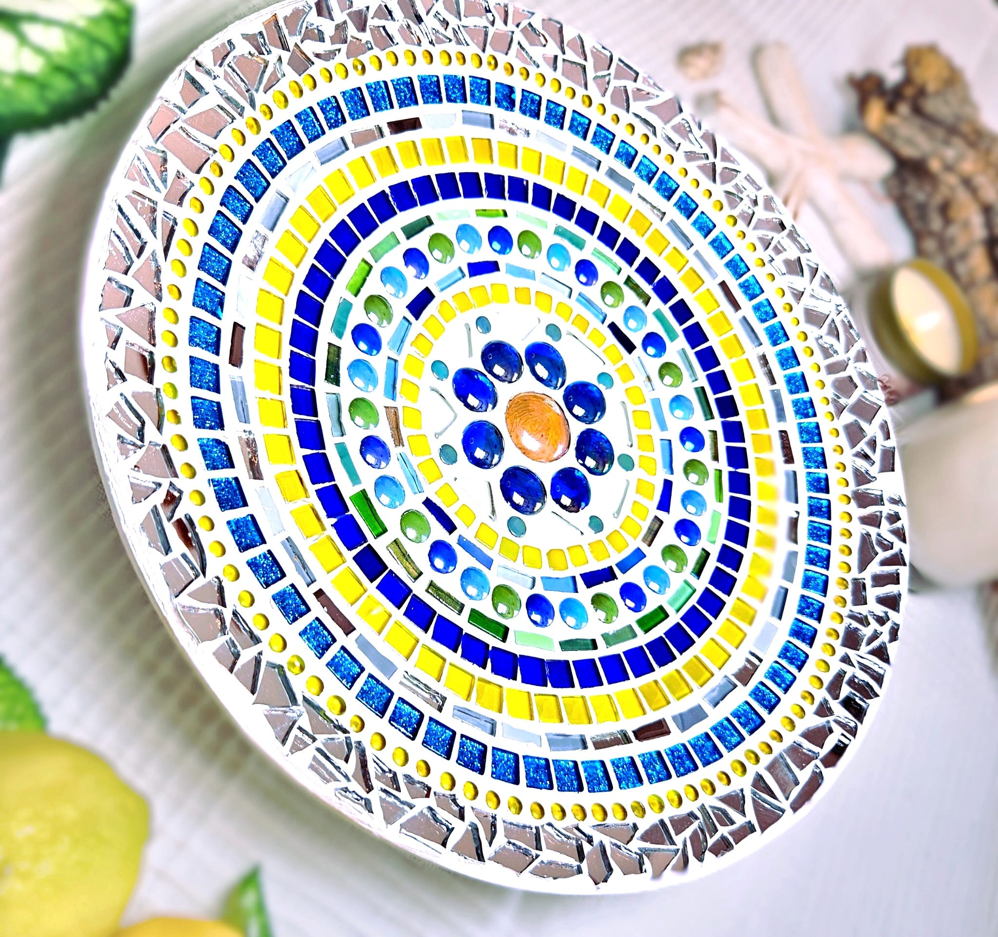 Colourful mosaic dish.
