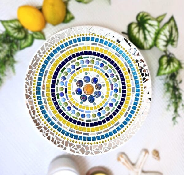 Colourful mosaic dish.