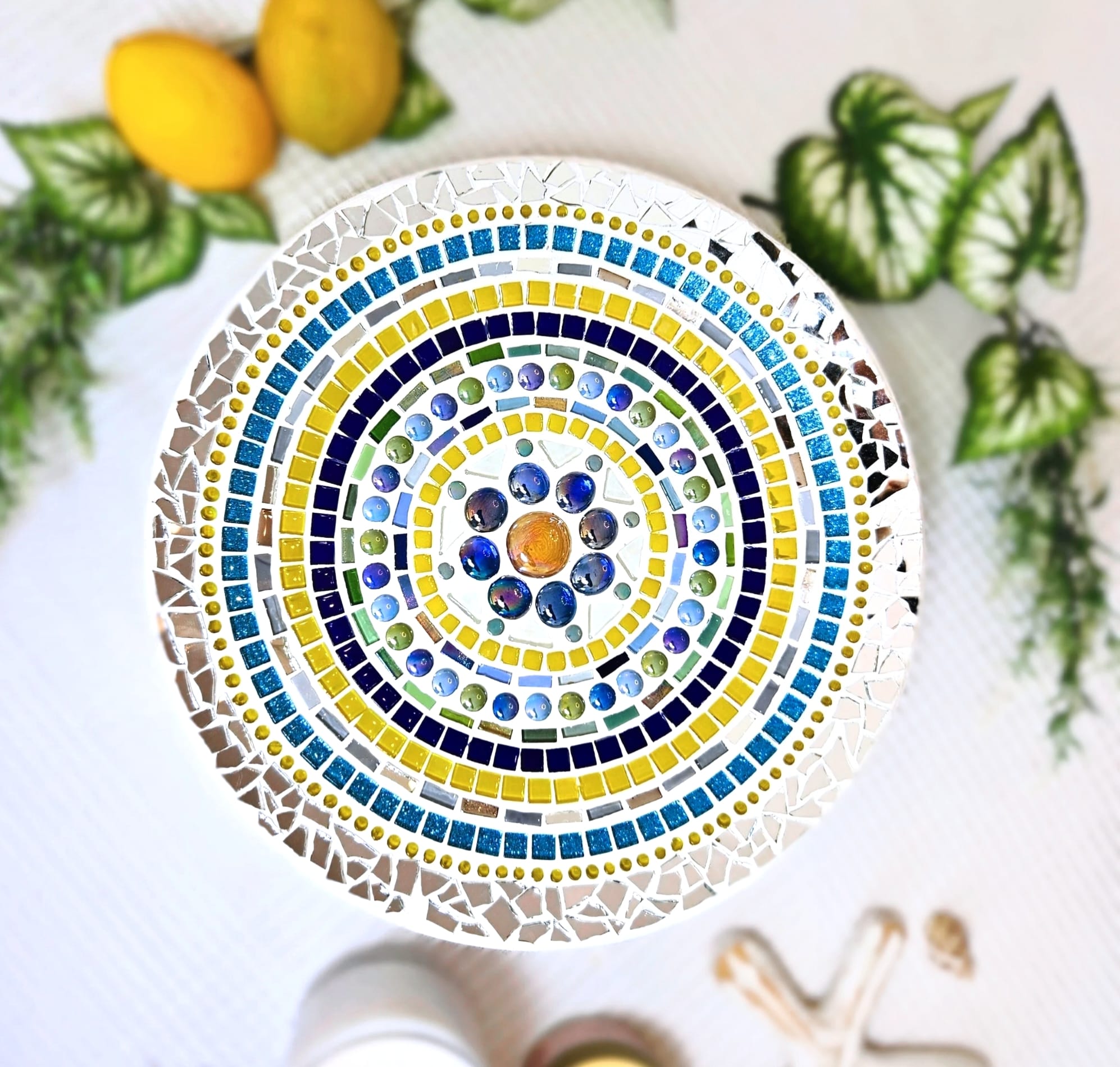 Colourful mosaic dish.