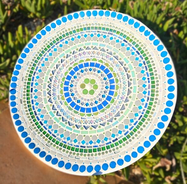 Large colourful mosaic dish.