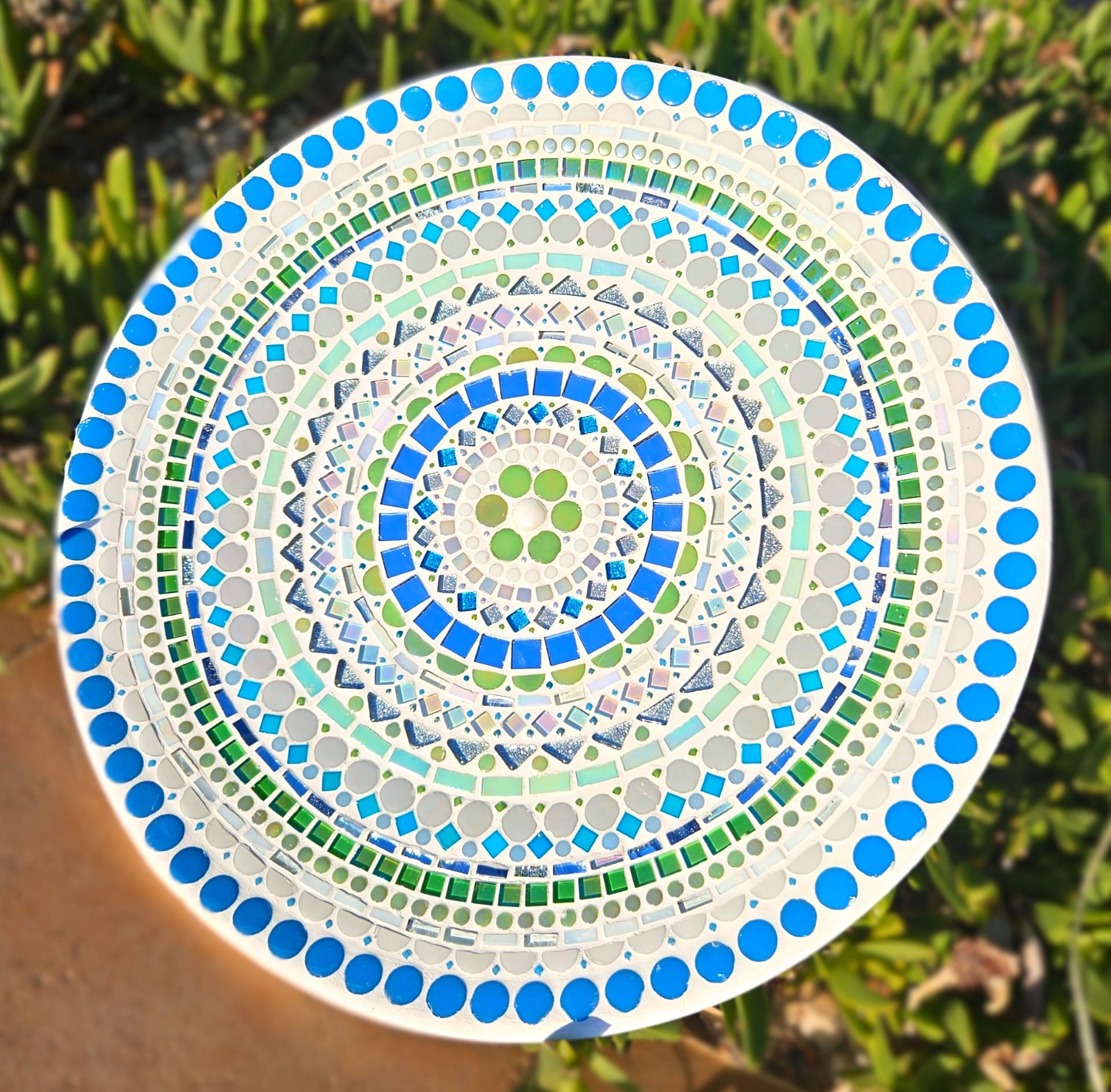 Large colourful mosaic dish.