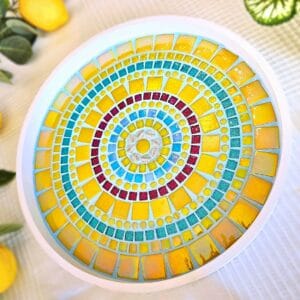 Colourful mosaic dish.