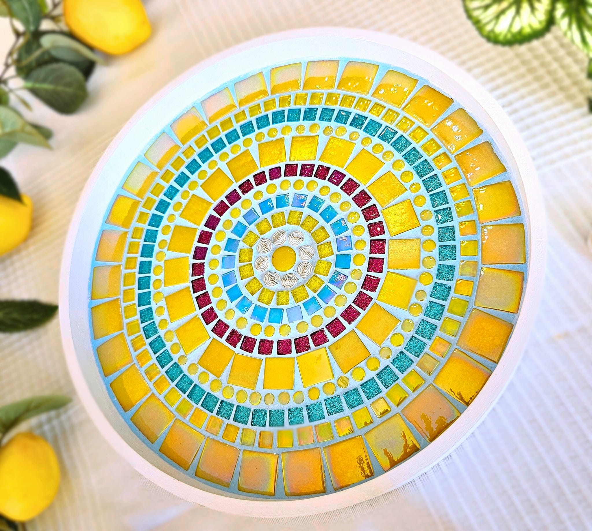 Colourful mosaic dish.