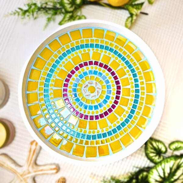 Colourful mosaic dish.