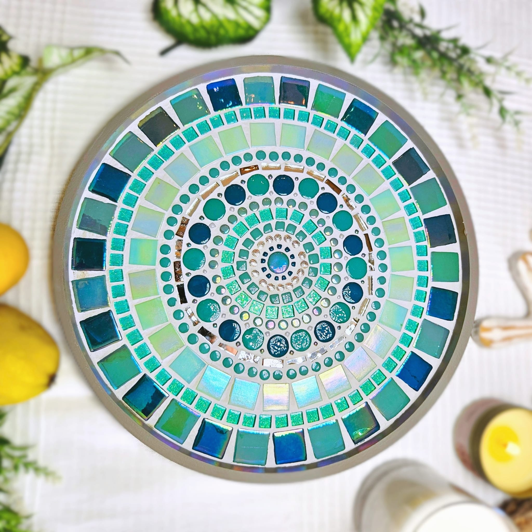 Colourful mosaic dish.