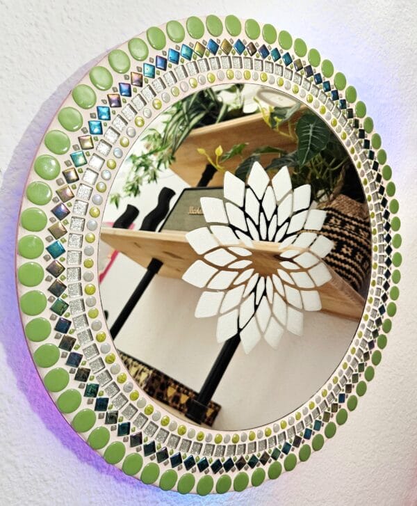 Mosaic etched mirror with LED lights.