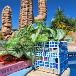 Blue mirrored decorative mosaic plant pot.