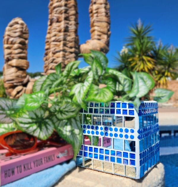 Blue mirrored decorative mosaic plant pot.