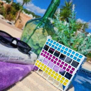 Colourful mirrored decorative mosaic plant pot.