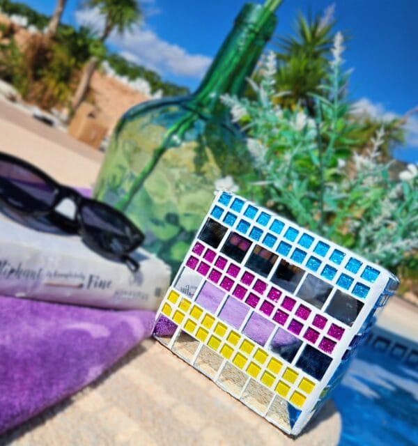 Colourful mirrored decorative mosaic plant pot.