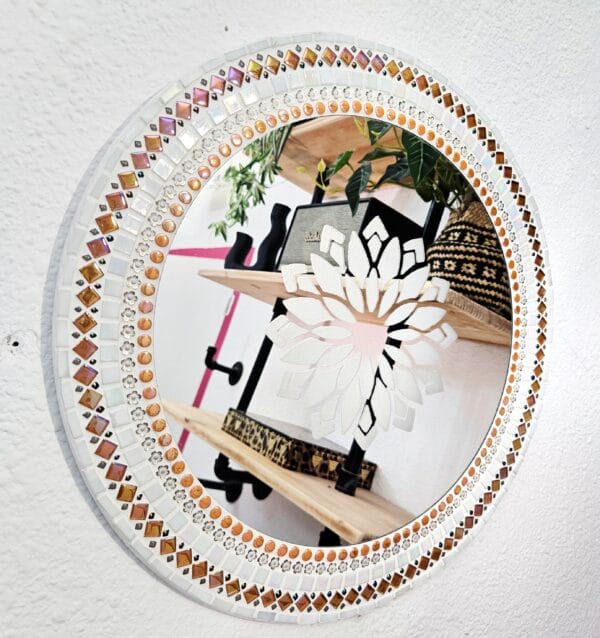 Mosaic mirror with etched mandala.