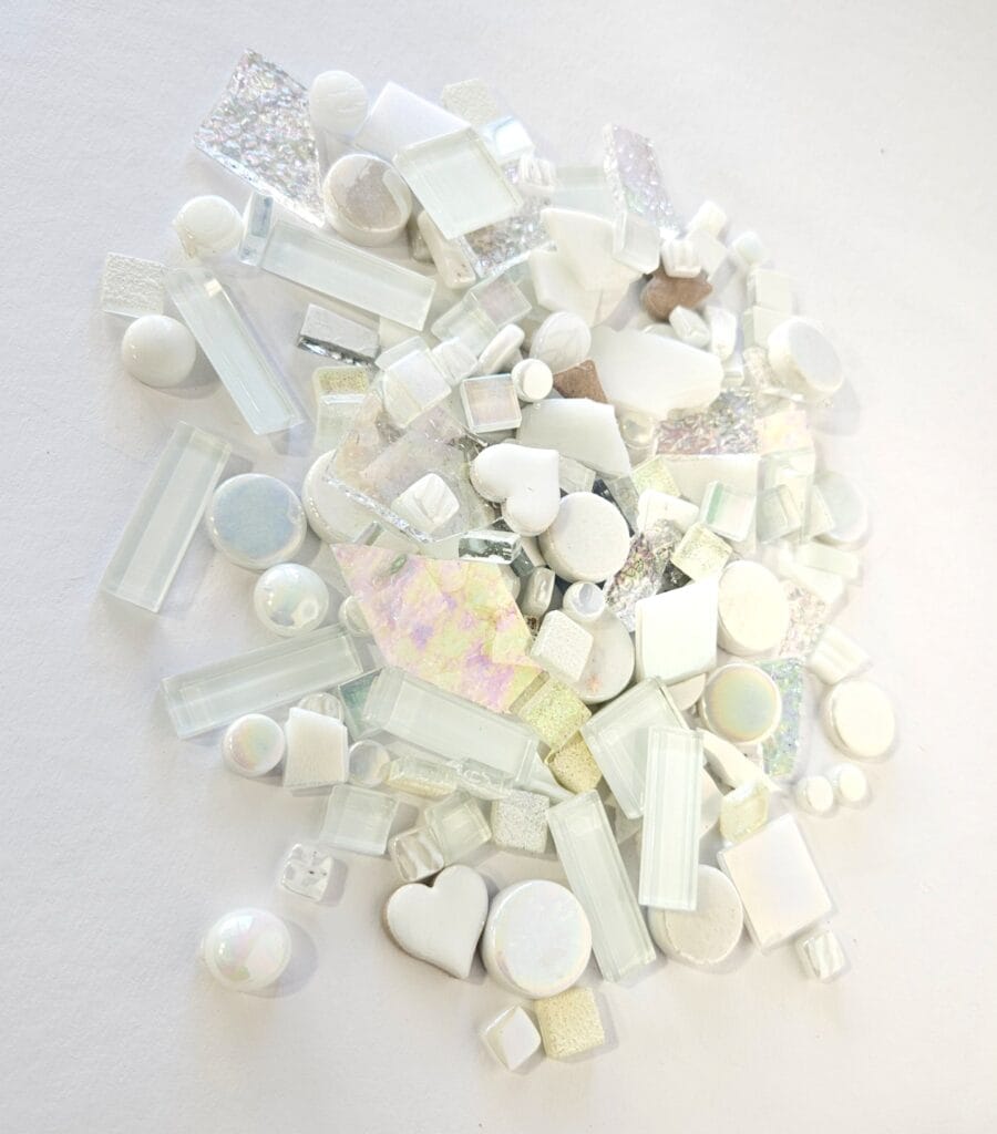 White iridescent mosaic tiles.