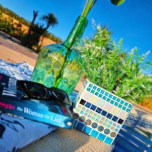 Decorative blue and white mosaic plant pot.