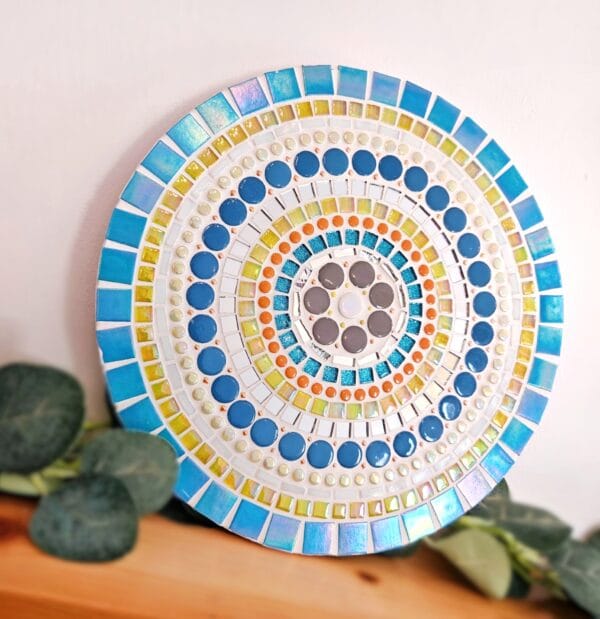 Colourful blue mosaic wall decor.