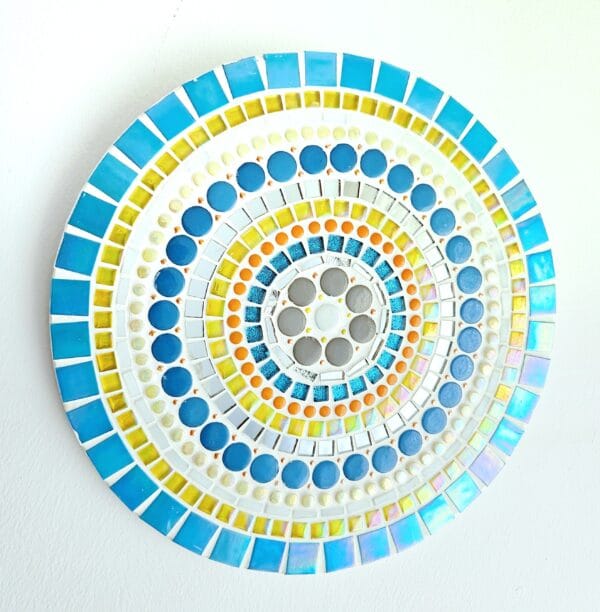 Colourful blue mosaic wall decor.
