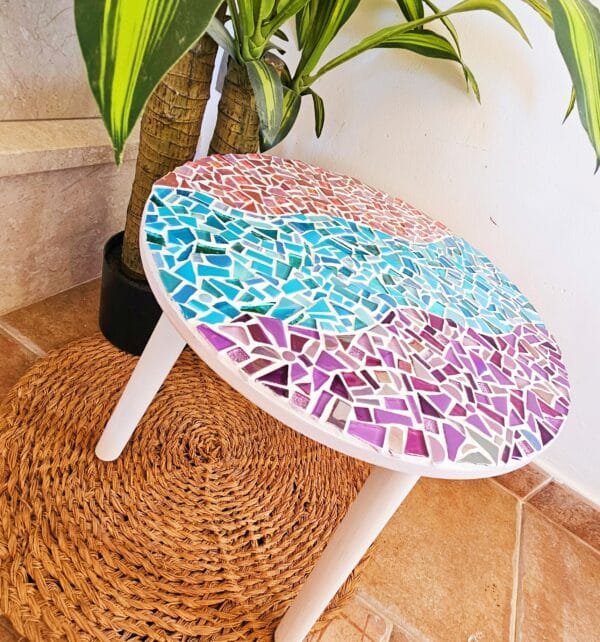 Pink, purple and blue mosaic table.