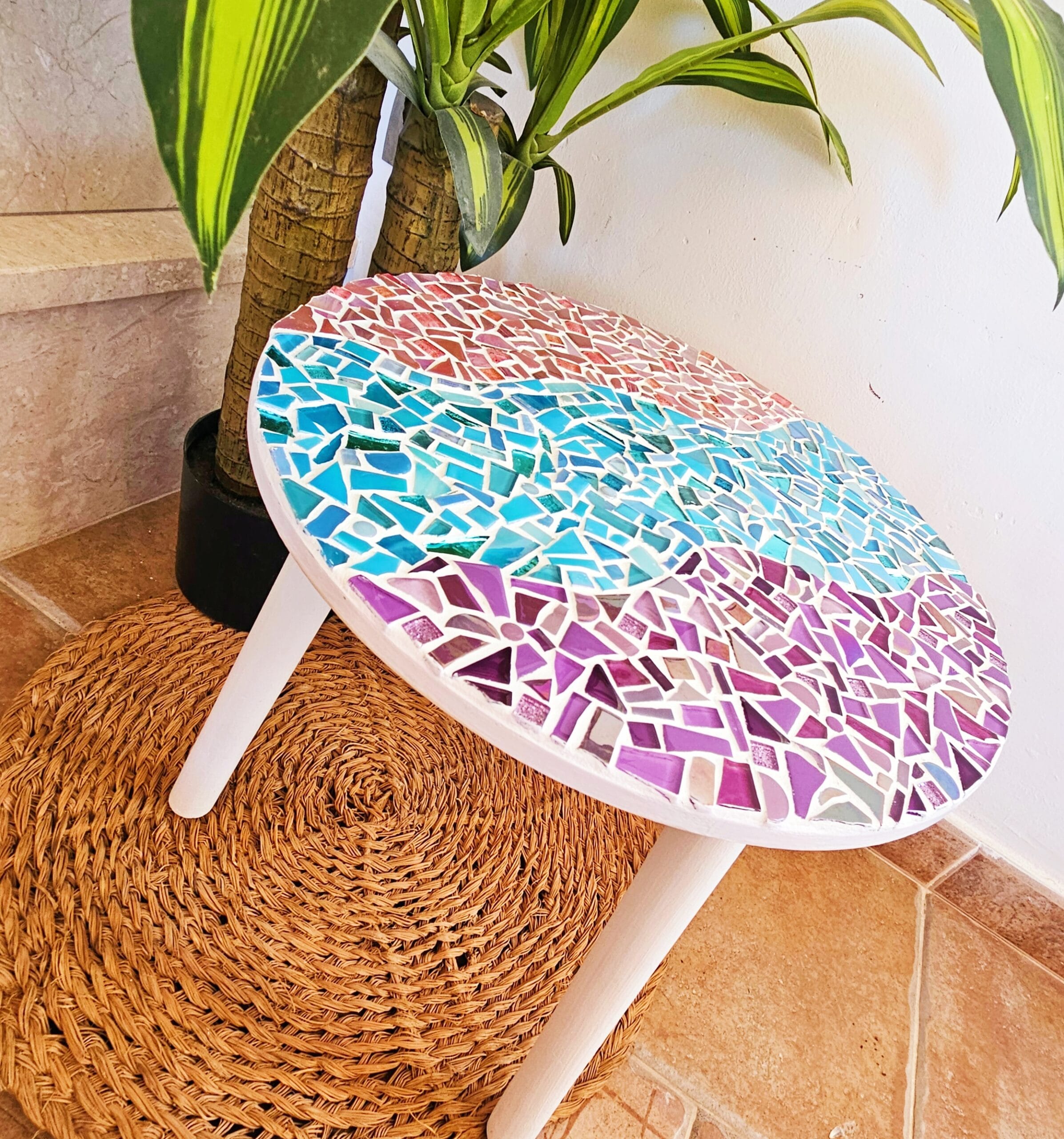 Pink, purple and blue mosaic table.