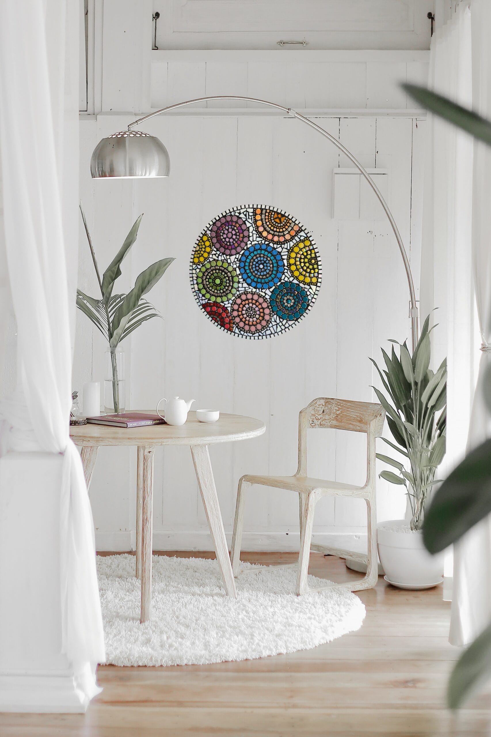 Clean, minimalistic home with mosaic wall decor.